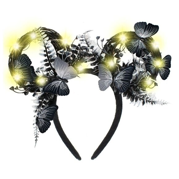 LED Flashing Black Mouse Ear Headband with Butterflies Light Up Woodland Elf main image 6
